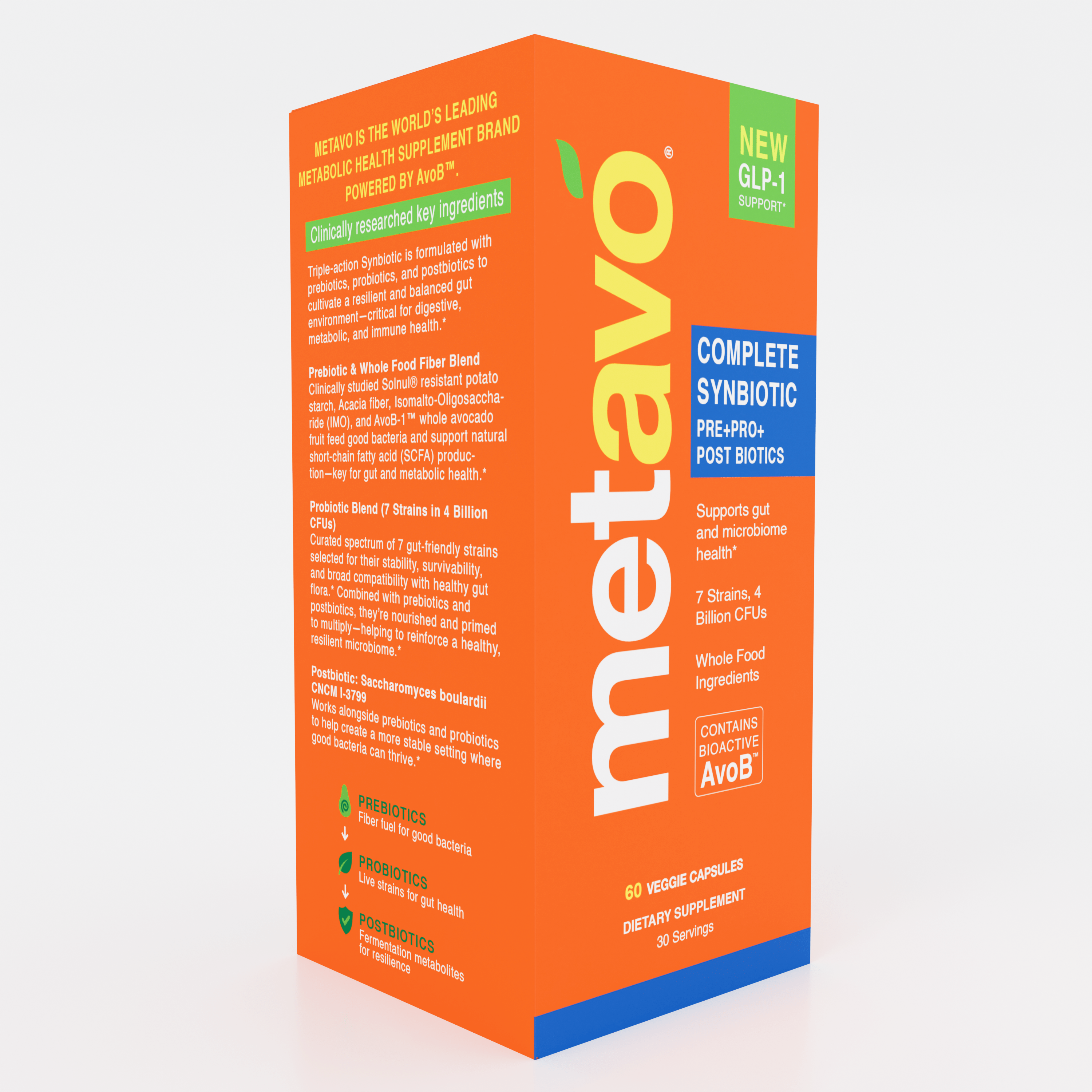 Metavo.com Metavo GLP-1 Metavo Complete Synbiotic - Pre+Pro+Postbiotics with AvoB™ for Gut Health & Metabolism (60 Veggie Capsules)